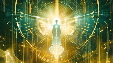 Wall Mural - Futuristic Digital Gateway Man Ascending into the Light