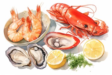 Seafood, digital watercolor illustrations set. Shrimp, oysters, lemon, isolated images on transparent background 