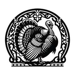 Turkey bird with art nouveau decoration, stencil logo, black and white animal illustration