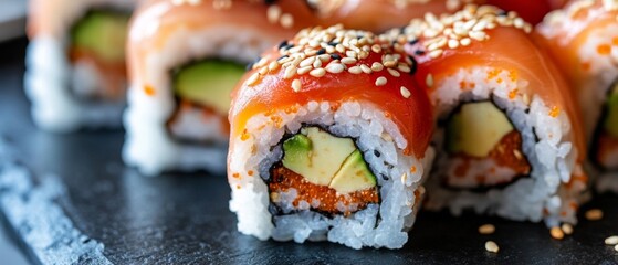 A sushi roll with avocado and red meat