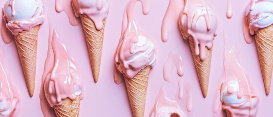 Wall Mural - A row of pink ice cream cones with pink drips on them