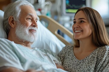 Wide-shot photograph of an elderly man in a hospital bed, smiling with his wife and daughter beside him. 