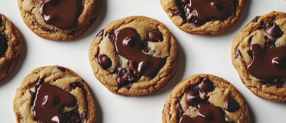 A row of chocolate chip cookies with chocolate drizzle