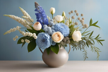 Light beautiful floral arrangement, vintage bouquet of ocean blue, silver gray, pebble gray, pale sand, pastel brown colors.