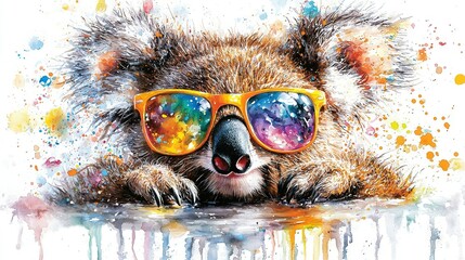 Canvas Print -   A portrait of a bear in sunglasses with splattered paint on its face and smudged eyeliner