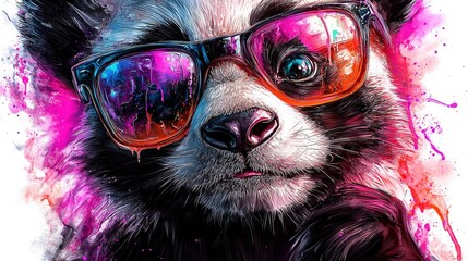 Canvas Print -   A painting of a panda bear wearing sunglasses with a splash of paint on its face is optimized as Panda in Sunglasses with Painted Face