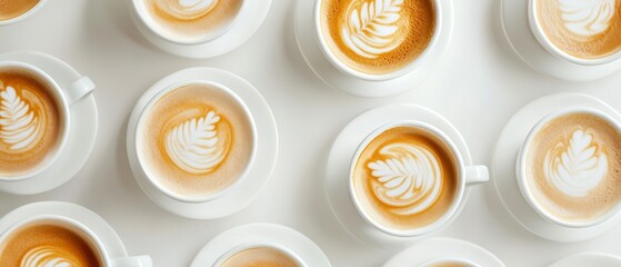 A row of coffee cups with white saucers and a leaf design on the side