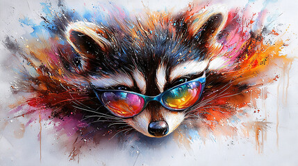 Wall Mural -   A raccoon wearing sunglasses with a splash of paint on its face in a painting