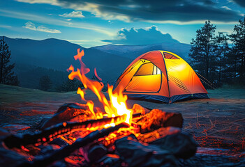 Tourist tent against the background of beautiful evening nature, a burning fire in nature,