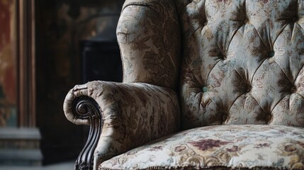 A close-up of a vintage armchair with intricate upholstery details