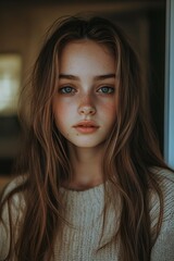 Canvas Print - Young woman with long hair and blue eyes wearing a sweater indoors