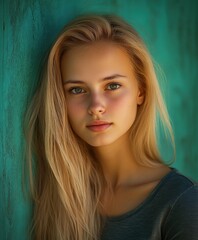 Wall Mural - Young woman with long blonde hair poses against a teal wall outdoors