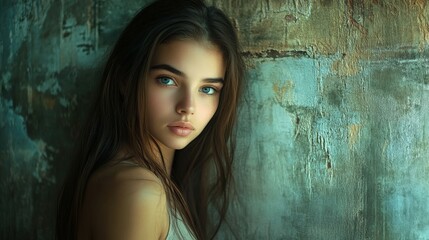 Wall Mural - Portrait of a young woman with striking blue eyes against textured wall