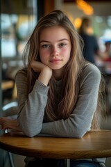 Wall Mural - Young woman with long hair sitting at a café table in the afternoon