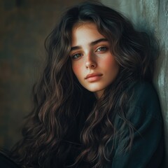 Wall Mural - Young woman with long wavy hair posing against a textured wall