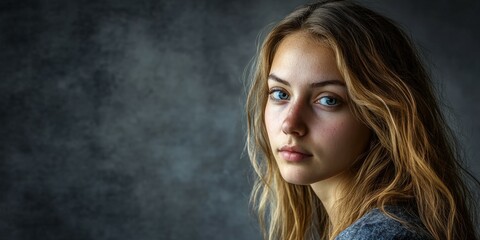 Young woman with long hair poses thoughtfully against a textured backdrop