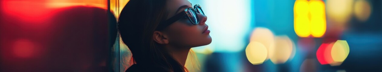 Woman in sunglasses enjoying city lights at night in a bustling area