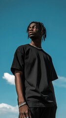 Wall Mural - Young model in a black outfit posing outdoors under a bright blue sky