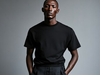 Canvas Print - Male model in a sleek black outfit poses against a neutral backdrop