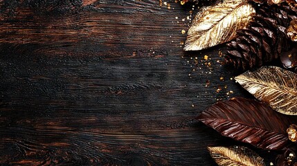 Poster -   A wooden table adorned with various chocolates and a golden pinecone