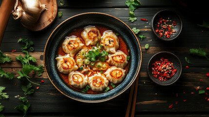 Chinese dumplings in black bowl with fancy ingredients