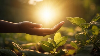 hand holding the sunlight shining on young plants