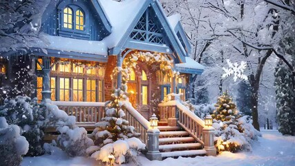 Poster - Light blue house with festive winter decorations and Christmas trees