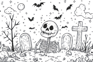 Skeleton in graveyard colouring. Halloween Outline Coloring Page.