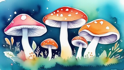 Colorful fantasy mushrooms in vibrant forest setting with watercolor style