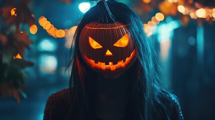 Wall Mural - Woman With Halloween Jack-O-Lantern on Head Costume