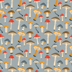 Wall Mural - Autumn seamless pattern with mushrooms, Vector illustration in flat style