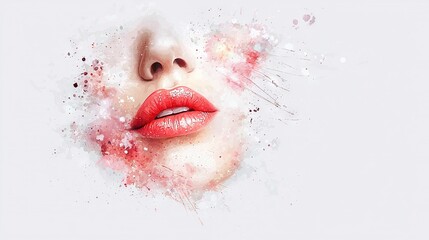 Sticker -   Watercolor portrait of woman with red lips and splattered paint on face