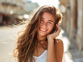 Outdoor portrait of a young beautiful happy smiling girl