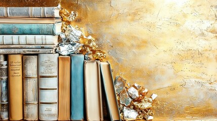 Poster -   A wooden table holds books piled high in gold-foil, flanked by additional book stacks