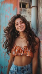 Wall Mural - Outdoor portrait of a young beautiful happy smiling girl