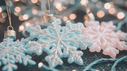 Wall Mural -   A zoomed-in image of a snowflake decoration on a table, surrounded by a string of twinkling lights