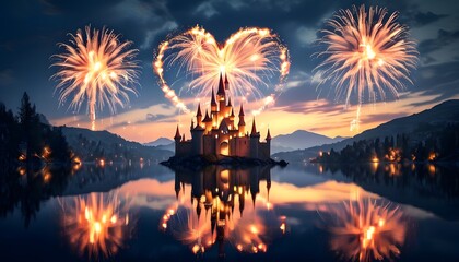 Wall Mural - fireworks over lake