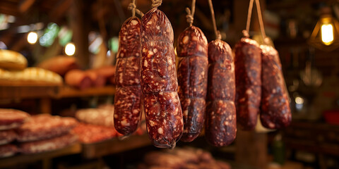 Hanging Salami Sausages, Process of Preparation and Storage, Banner