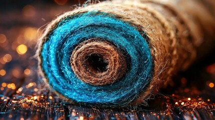 Wall Mural -   A roll of yarn sits on a wooden table near piles of golden and blue glitter