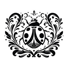 Ladybug insect with victorian flourish decoration, stencil logo, black and white animal illustration