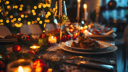 A group of friends gathered around a festive holiday dinner table, laughing and enjoying each other's company.