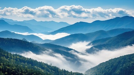 Wall Mural - A breathtaking view of a mountain range shrouded in mist, with a clear blue sky above.