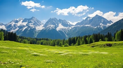 A breathtaking view of a lush green meadow nestled at the foot of snow-capped mountains. The sky is a vibrant blue, dotted with fluffy white clouds.