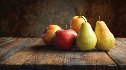 Fresh Apples and Pears on a Rustic Wooden Table