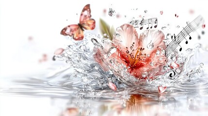 Wall Mural -  A pink flower floats atop a body of water, accompanied by music notes and flying butterflies