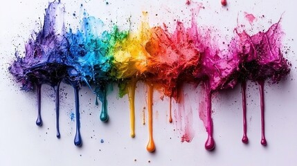 Wall Mural -   A colorful group of paint splatters adorns a pure white canvas, centering around a vibrant rainbow