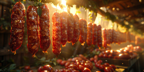 Hanging Salami Sausages, Process of Preparation and Storage, Banner