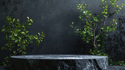 Canvas Print - Product showcase: Stone podium, green branches on black sand, dark textured backdrop. Text space available