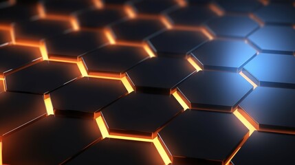 A futuristic abstract background with glowing orange and blue lights. The hexagonal pattern creates a sense of depth and dimension.