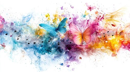 Wall Mural -   A vibrant collection of butterflies soaring over a musical note surrounded by notes